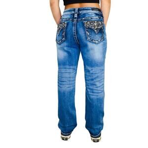 Y2k Vigoss Embellished Studded Straight Leg Jeans with Beaded Pocket Detail 30"